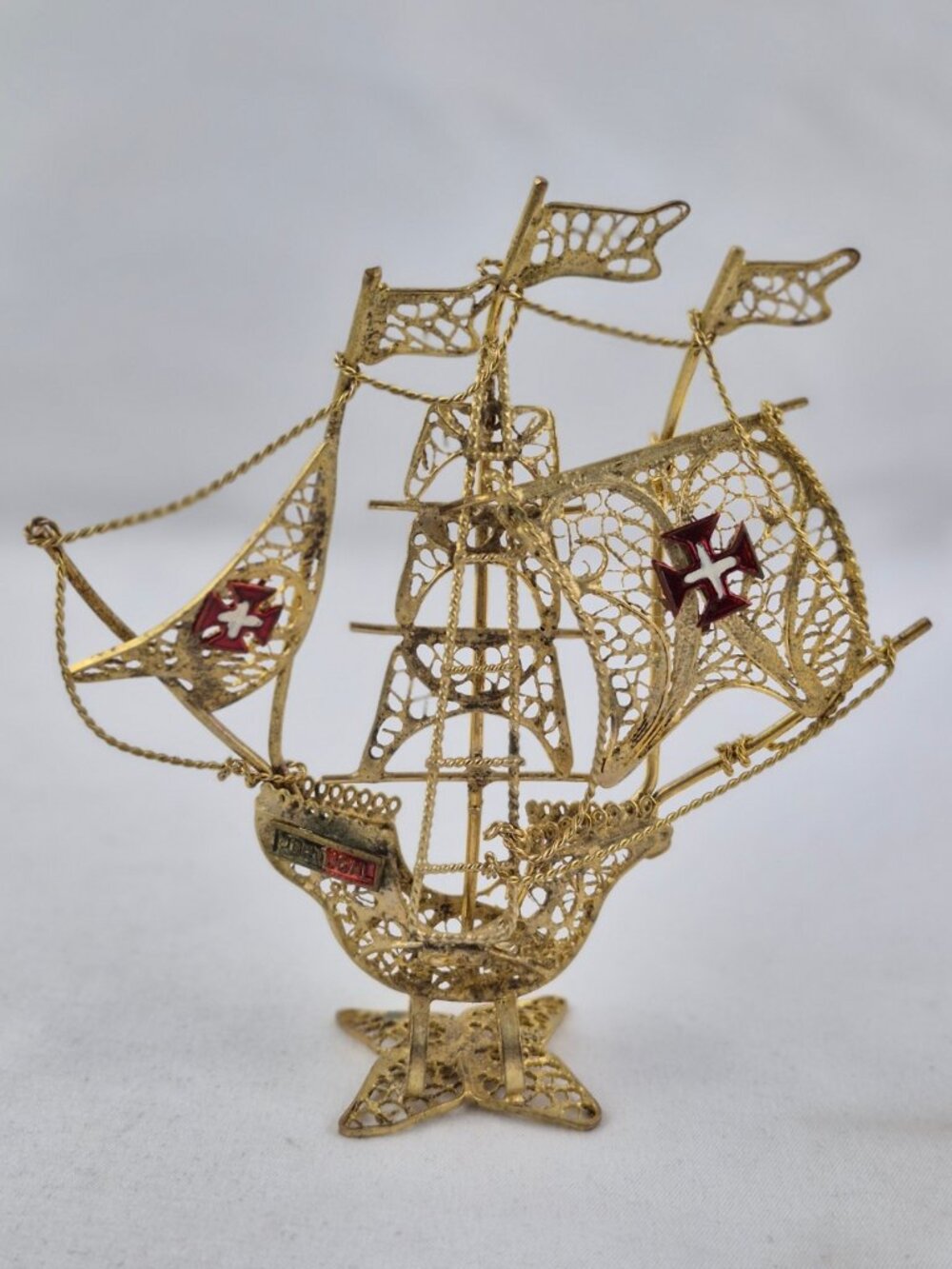 Vintage Portuguese Galleon Gold Tone Filigree Red Enamel Crosses Ship Sculpture